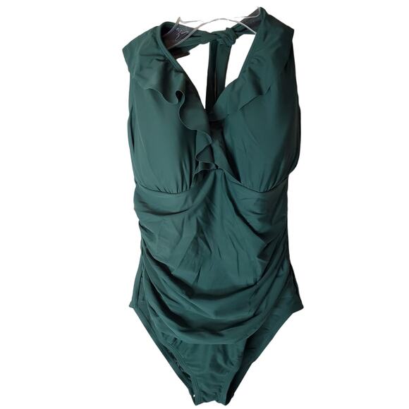 Ellen Tracy One Piece Halter Ruffle Neckline Swimsuit, Green, NWOT, Size 12 - Picture 1 of 6